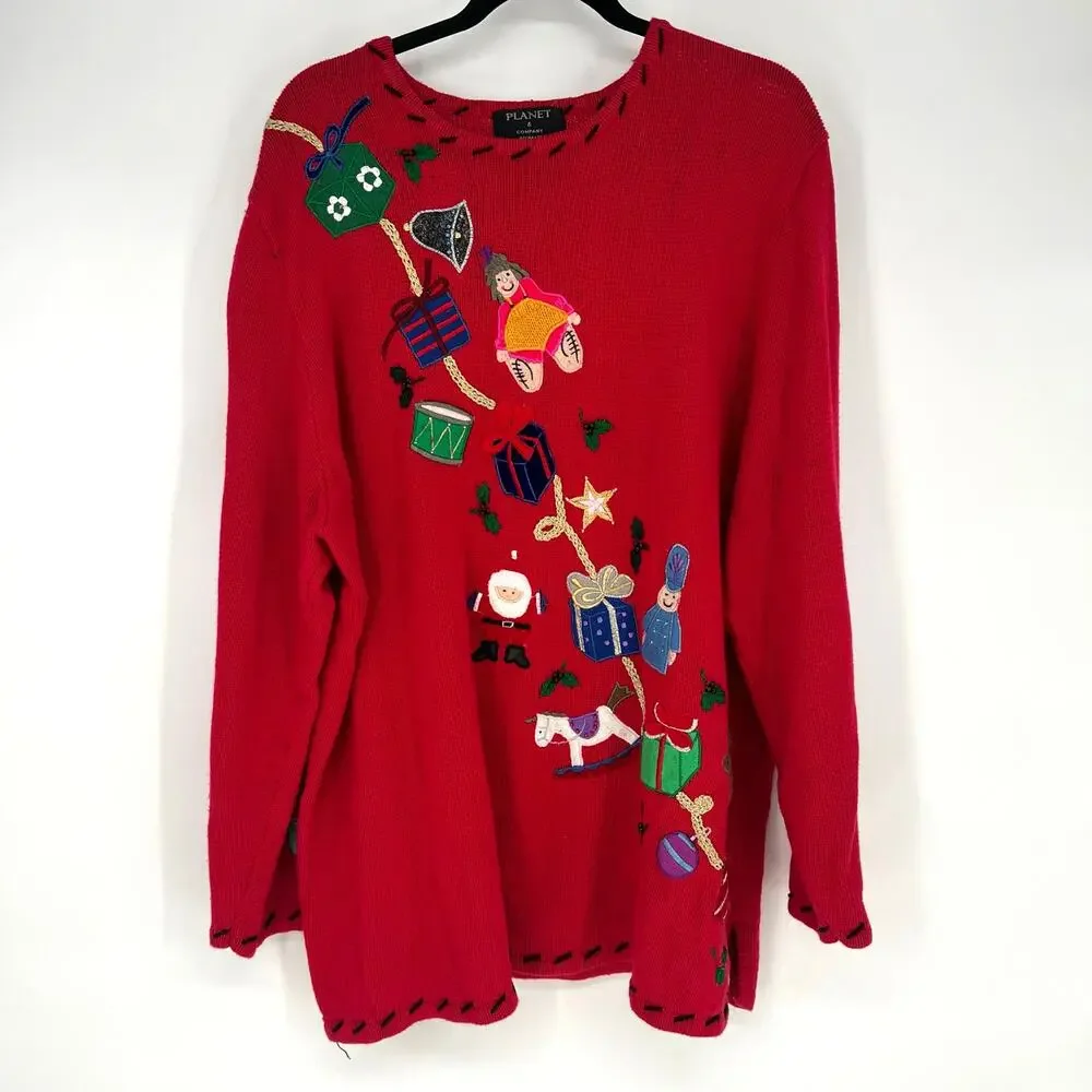 Vintage Red Christmas Sweater Embroidered Santa Toys Gifts Holiday Pullover